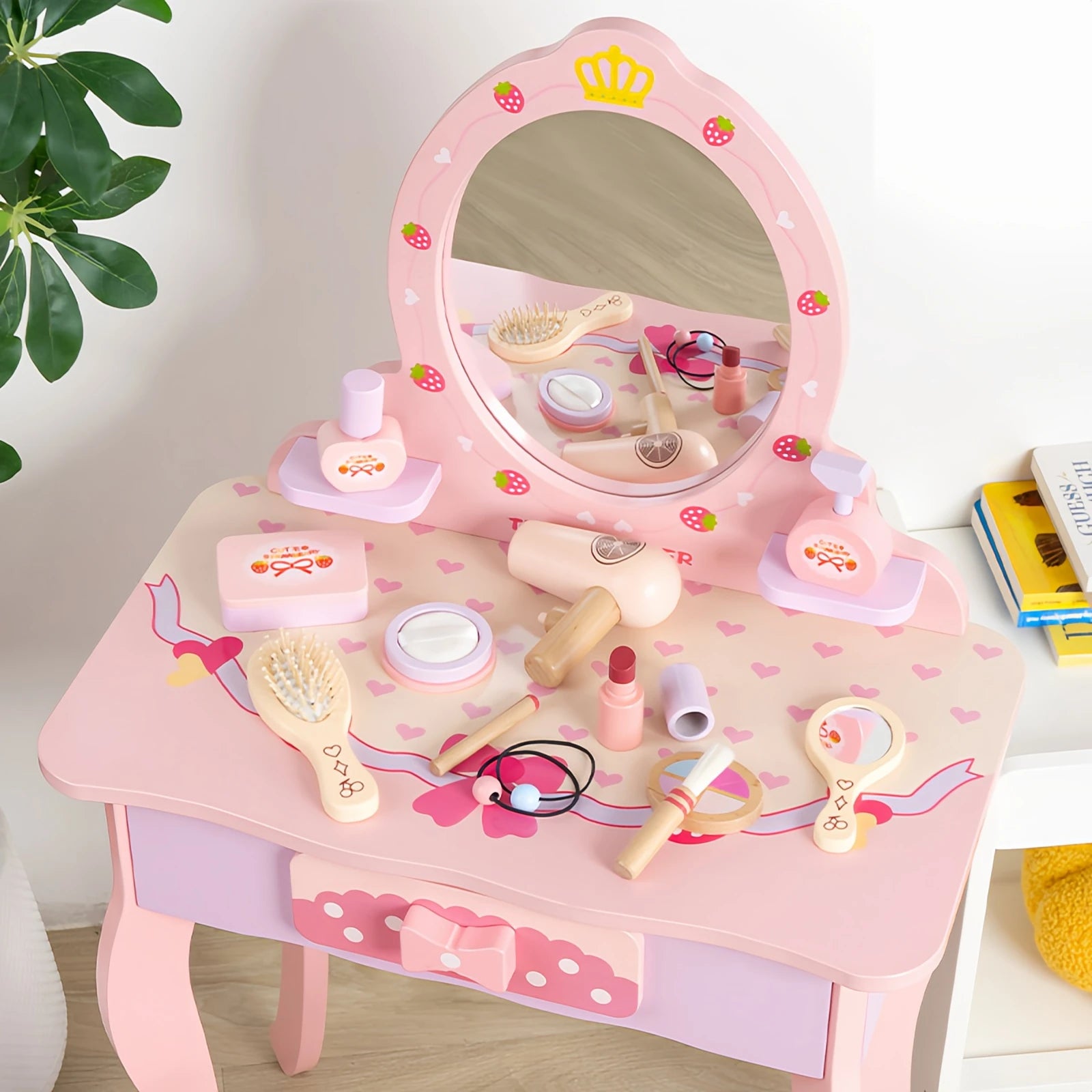Wooden Cosmetics Toy Set Girls Play House Toys Simulation Lipstick Eye Shadow Nail Paint Toys Pretend Makeup Role-playing Game