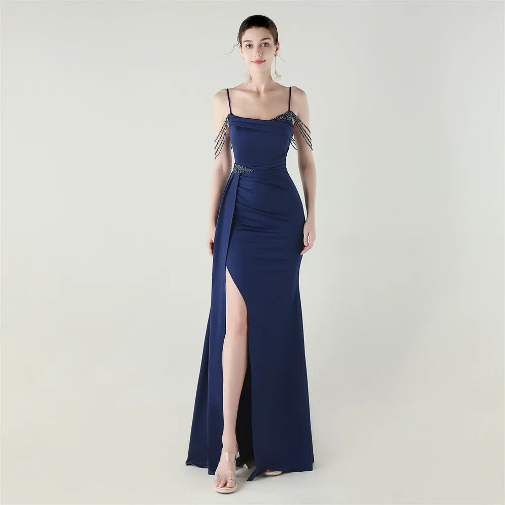 33673# Satin Beaded Chain Fitted Fishtail High Slit Evening Dress Black