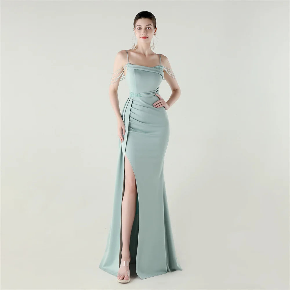 33673# Satin Beaded Chain Fitted Fishtail High Slit Evening Dress Black