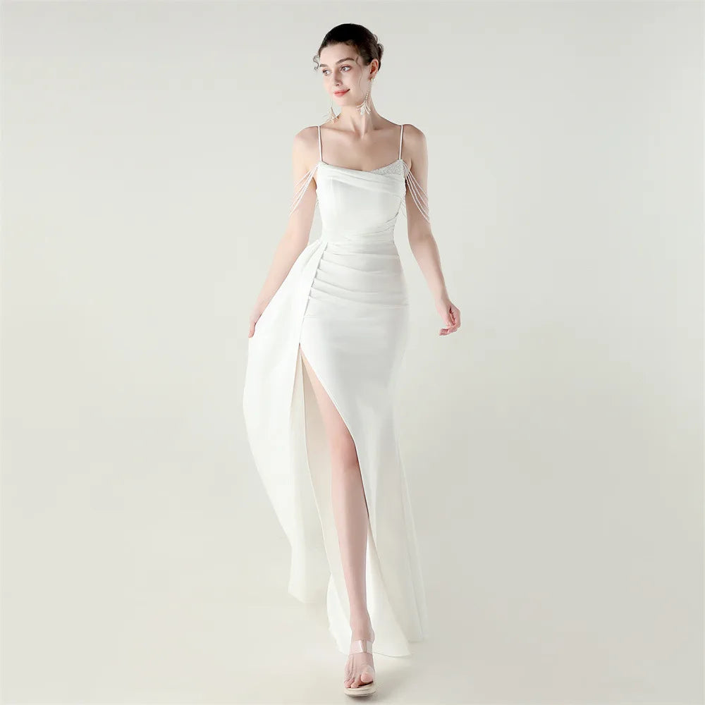 33673# Satin Beaded Chain Fitted Fishtail High Slit Evening Dress Black