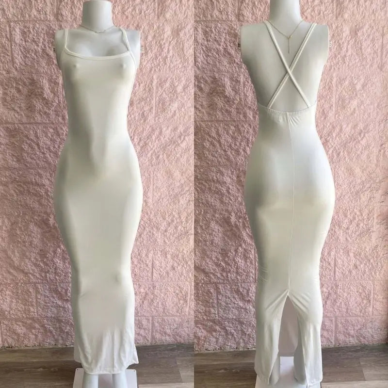 TTT-9394-T-Cotton Sun dress Sexy Club wear Backless Boob Slip Dress White Elegant Ladies Split Sling Dresses