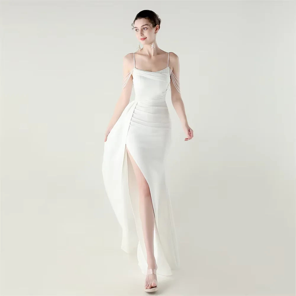 33673# Satin Beaded Chain Fitted Fishtail High Slit Evening Dress Black