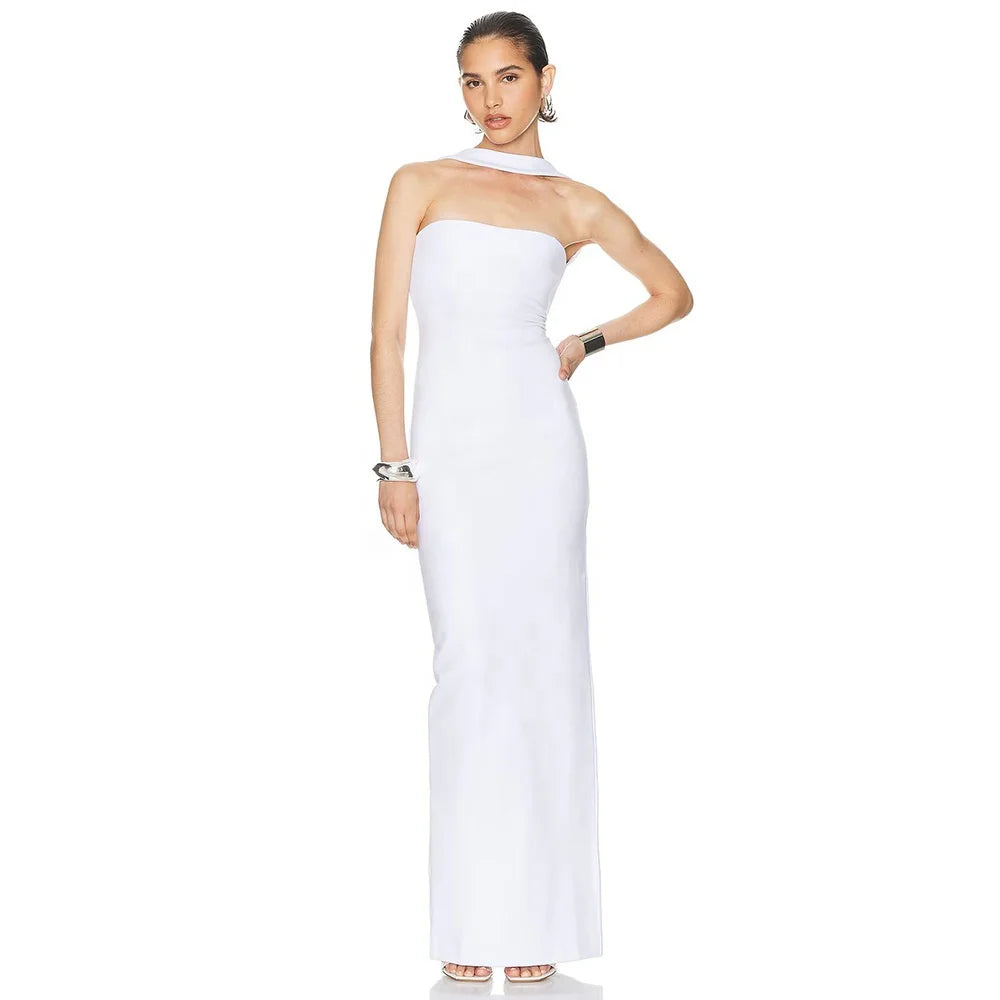 OUDINA Summer New Women's Clothing Elegant Tight Halter Neck Elastic Women Dress Dinner Party Evening Long Bandage Dresses