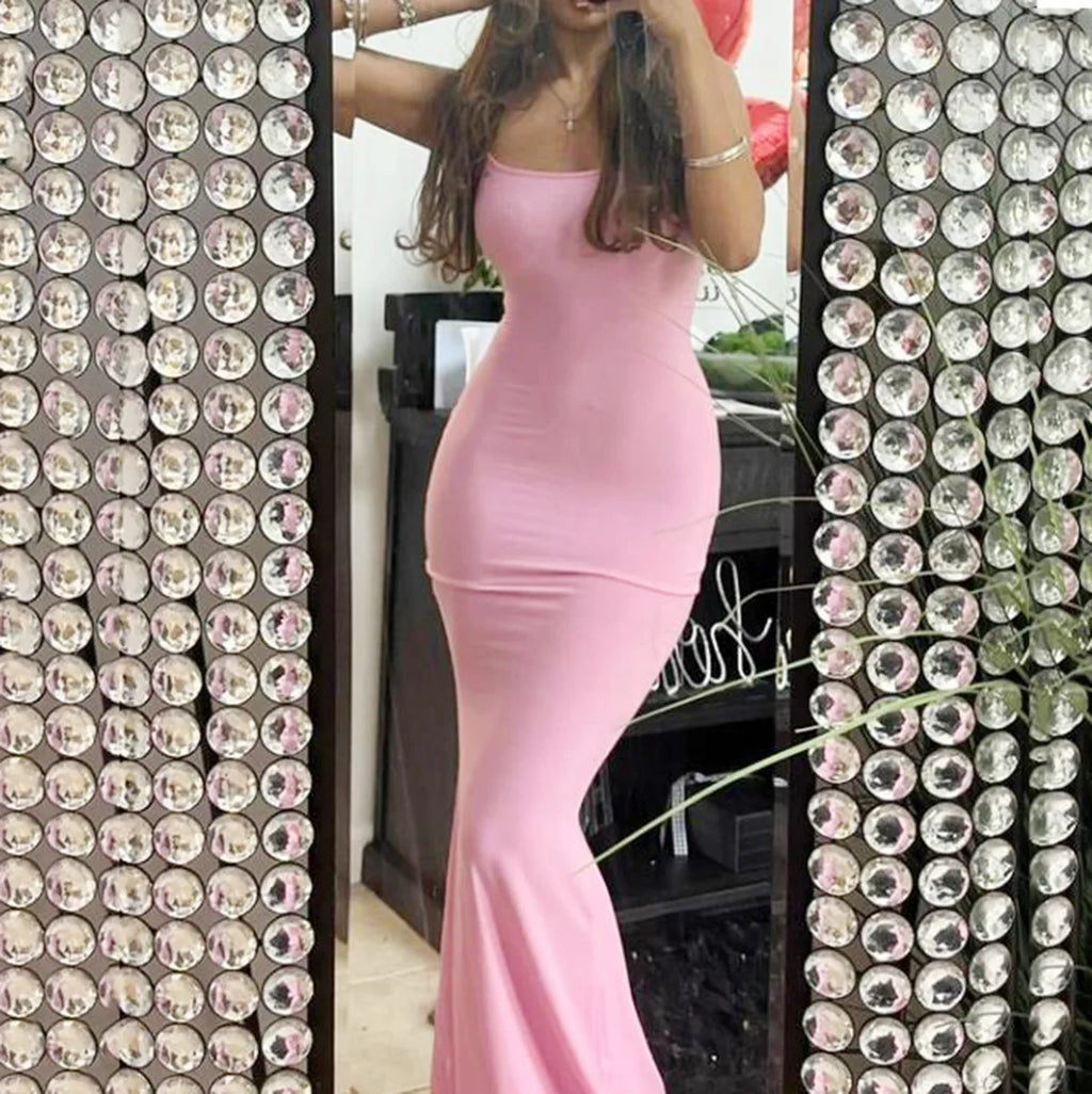 Women's Spaghetti Strap Sleeveless Stylish Elegant Sexy Dress Solid Color Slimming Evening Maxi Long Mermaid Gown Bodycon Dress