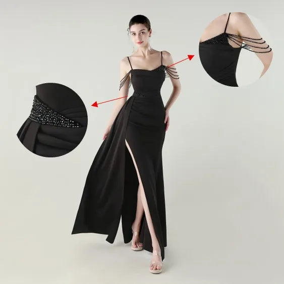 33673# Satin Beaded Chain Fitted Fishtail High Slit Evening Dress Black