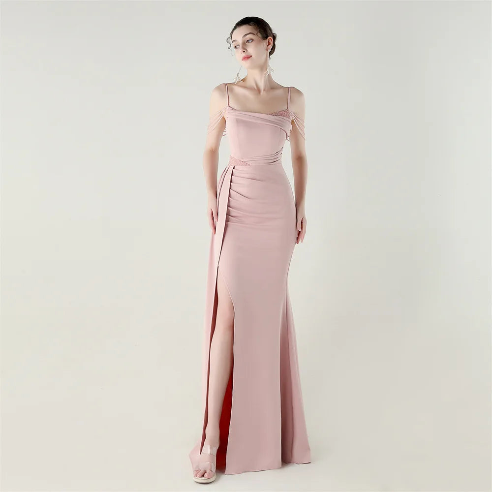 33673# Satin Beaded Chain Fitted Fishtail High Slit Evening Dress Black