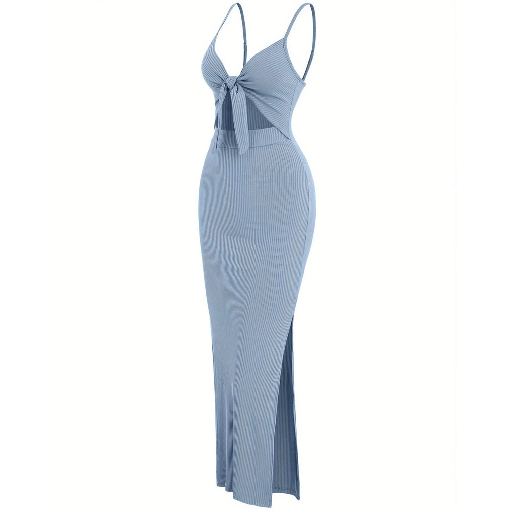 Wholesale Price Women's Dresses Sexy Knitted Bodycon Bow Halter Split Maxi Sheath Evening Dresses