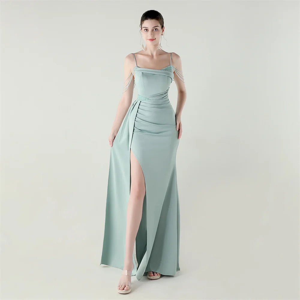 33673# Satin Beaded Chain Fitted Fishtail High Slit Evening Dress Black