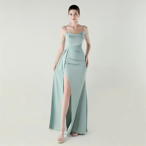 33673# Satin Beaded Chain Fitted Fishtail High Slit Evening Dress Black