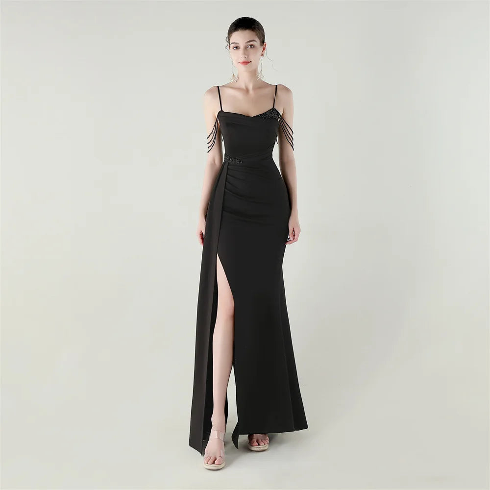 33673# Satin Beaded Chain Fitted Fishtail High Slit Evening Dress Black
