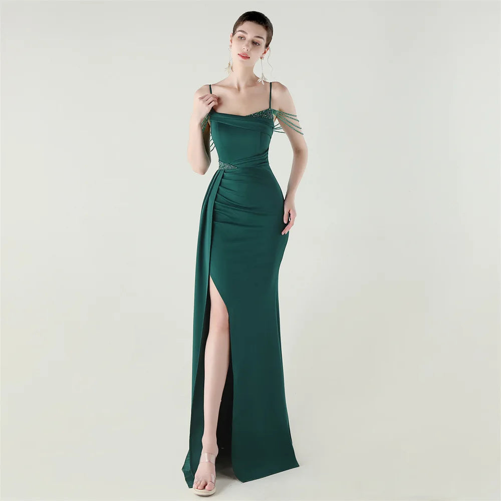 33673# Satin Beaded Chain Fitted Fishtail High Slit Evening Dress Black