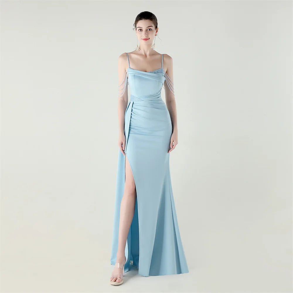 33673# Satin Beaded Chain Fitted Fishtail High Slit Evening Dress Black