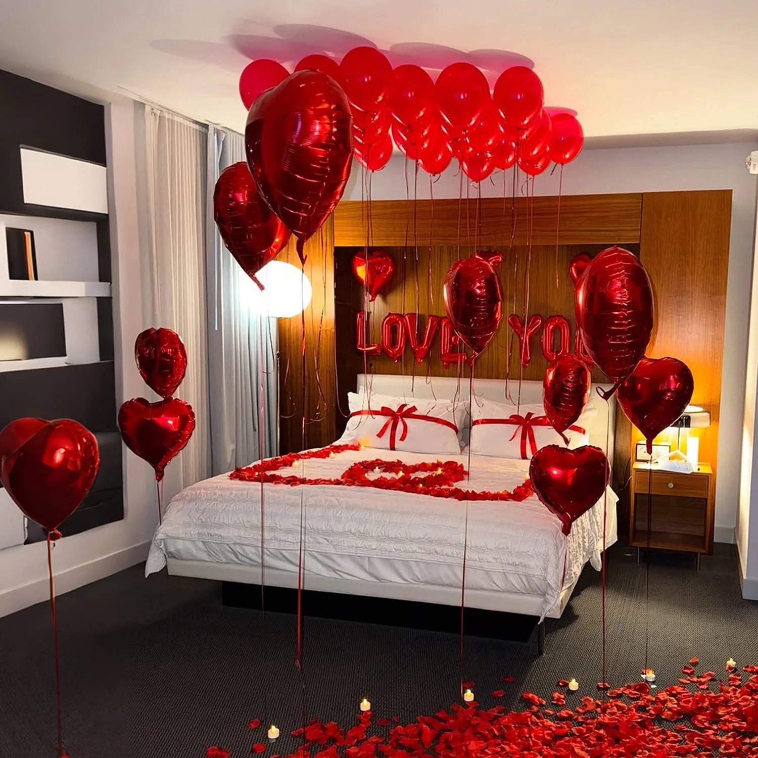 Red Love Aluminum Foil Balloon I Love You Balloon Set Simulation Petals Valentine's Day Wedding Anniversary Party Decoration
