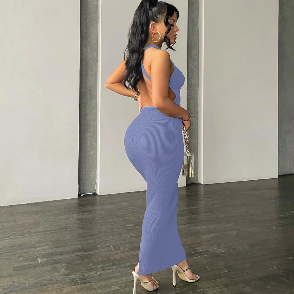 Hugcitar Ribbed Solid Hollow Out Backless Sleeveless Sexy Slit Mini Dress Bodycon 2025 Spring Women Outfits Elegant Party Y2K