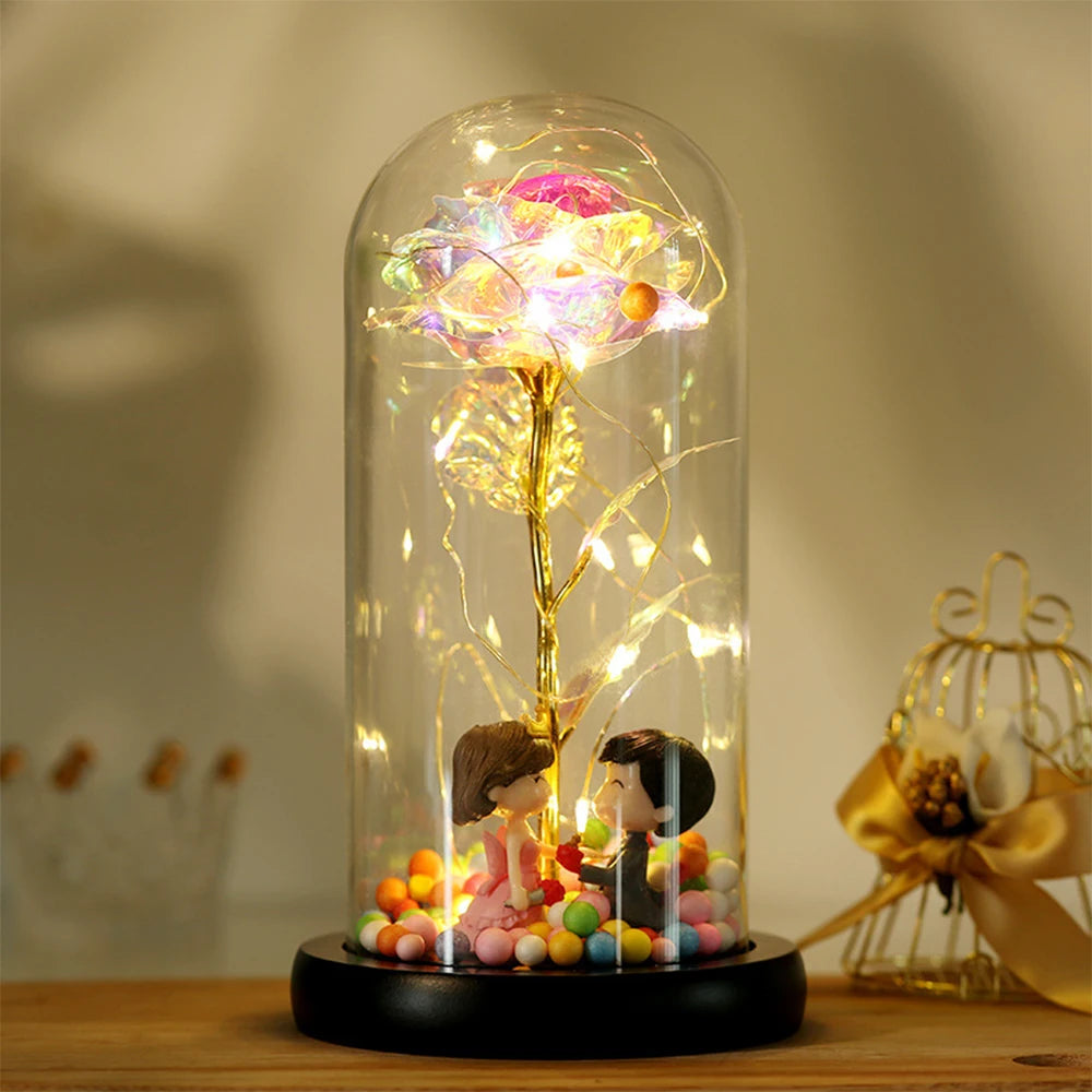 Eternal Rose Artificial flower Glass Cover Decoration LED Light Foil Flower In Glass Cover Wedding Valentine's Day Mother's Gift
