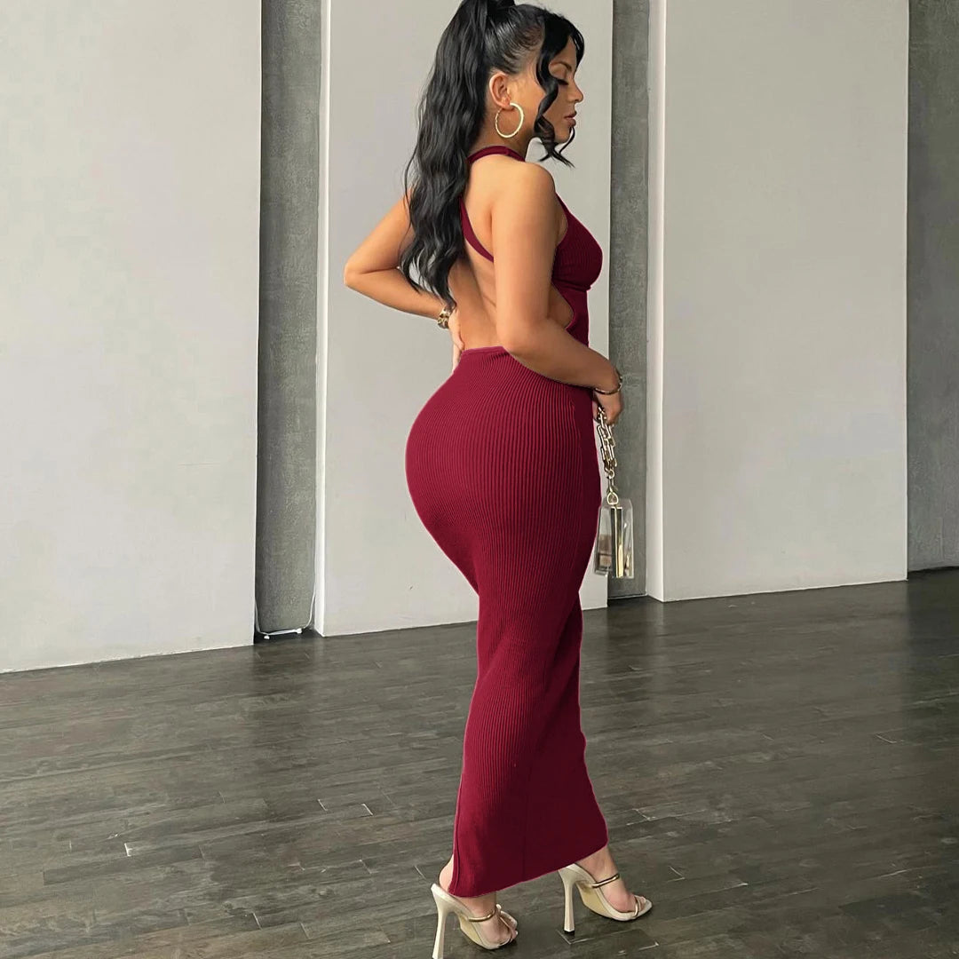 Hugcitar Ribbed Solid Hollow Out Backless Sleeveless Sexy Slit Mini Dress Bodycon 2025 Spring Women Outfits Elegant Party Y2K