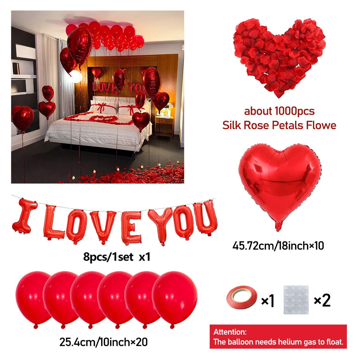 Red Love Aluminum Foil Balloon I Love You Balloon Set Simulation Petals Valentine's Day Wedding Anniversary Party Decoration
