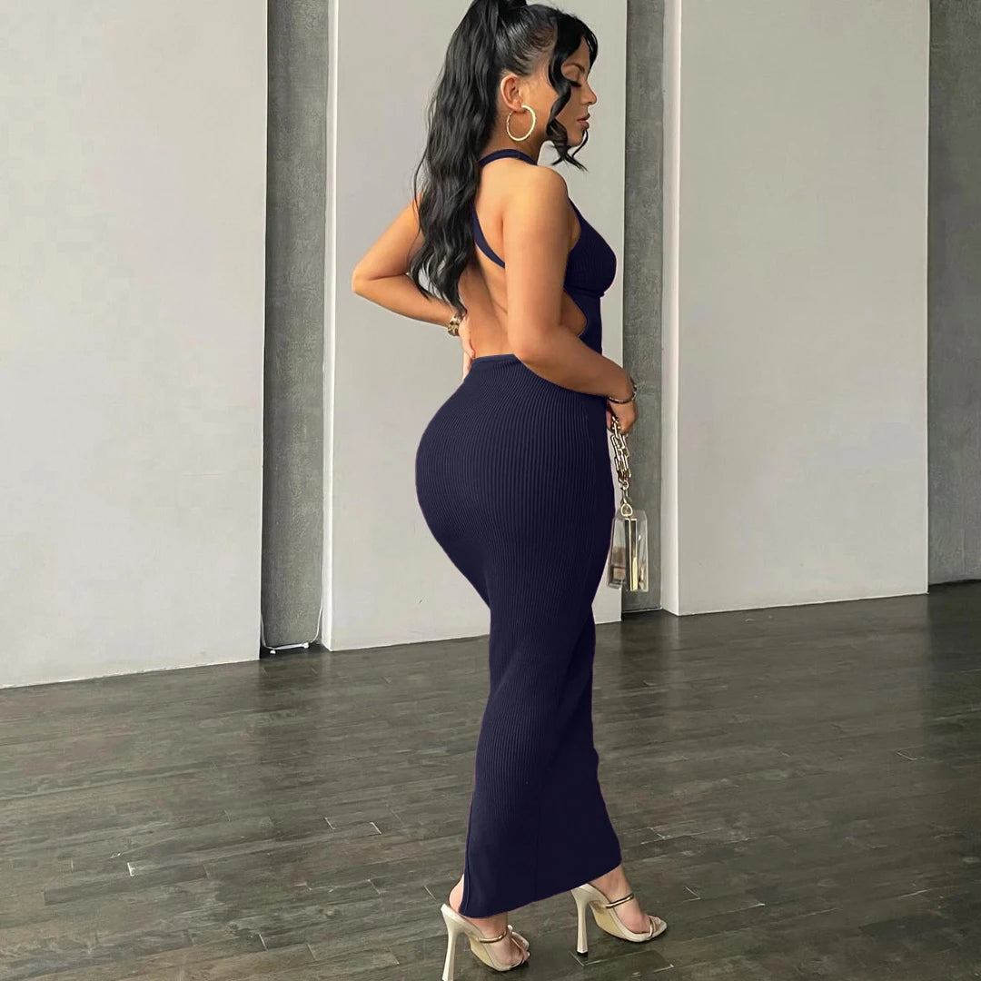 Hugcitar Ribbed Solid Hollow Out Backless Sleeveless Sexy Slit Mini Dress Bodycon 2025 Spring Women Outfits Elegant Party Y2K