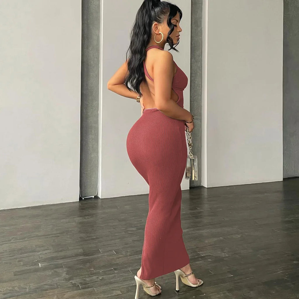 Hugcitar Ribbed Solid Hollow Out Backless Sleeveless Sexy Slit Mini Dress Bodycon 2025 Spring Women Outfits Elegant Party Y2K