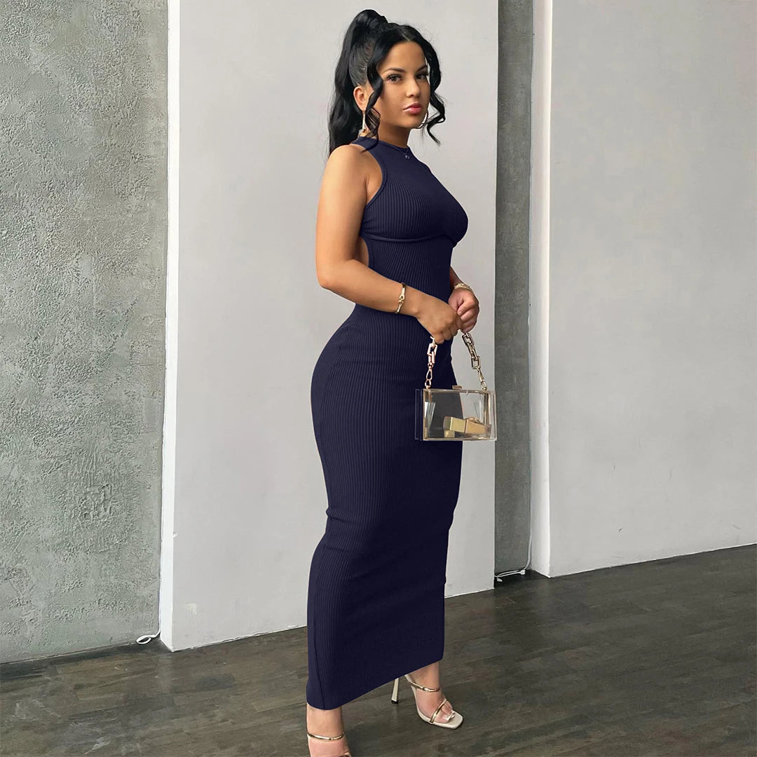 Hugcitar Ribbed Solid Hollow Out Backless Sleeveless Sexy Slit Mini Dress Bodycon 2025 Spring Women Outfits Elegant Party Y2K