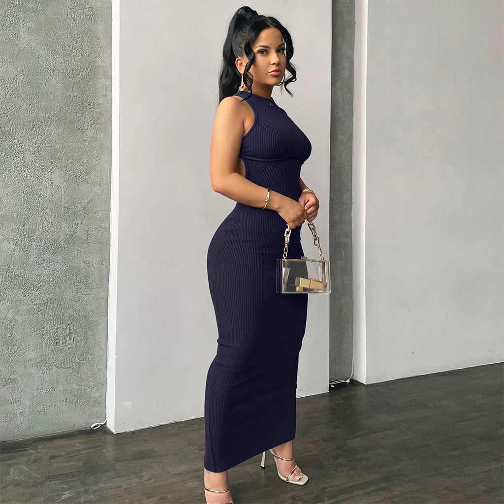 Hugcitar Ribbed Solid Hollow Out Backless Sleeveless Sexy Slit Mini Dress Bodycon 2025 Spring Women Outfits Elegant Party Y2K