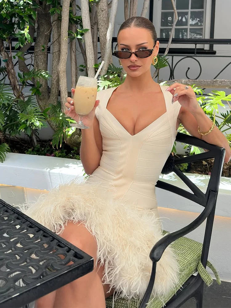 Sexy Solid Color Deep V-neck Hip Hugging Dress Summer Women Sleeveless Waist Cinched Mini Dresses Lady Daily Party  Short Gown