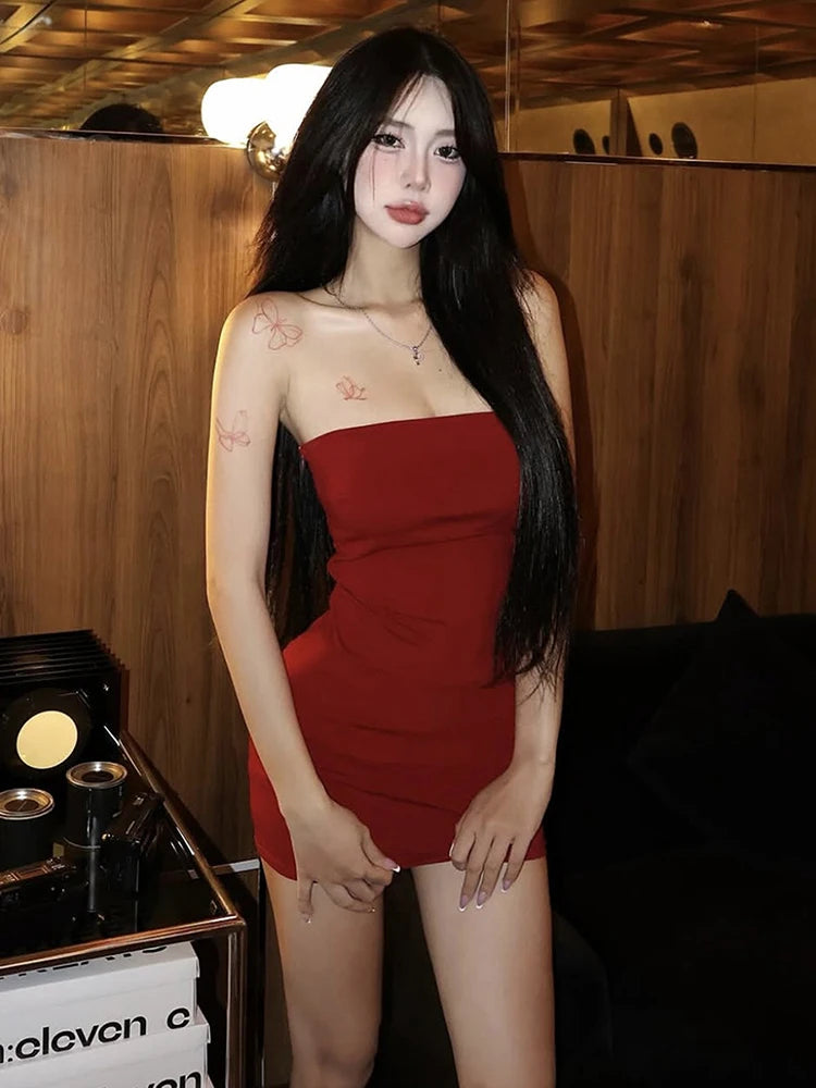 Weird Puss Valentine's Day Strapless Dress Women Backless Sexy Peach Hip Stretch Slim Simple Hottie Dating Mini Street Clubwear