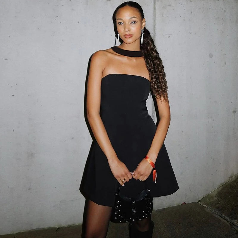 Hugcitar Women Elegant Halter Strapless Solid Sexy Bodycon Mini Dress 2025 Summer Evening Party Clothes Birthday Night Club