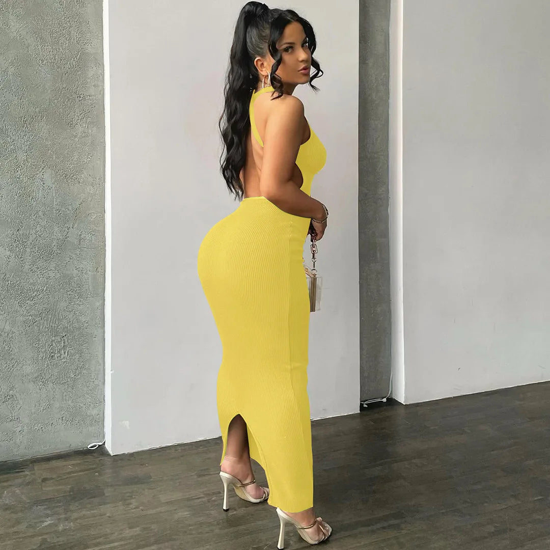 Hugcitar Ribbed Solid Hollow Out Backless Sleeveless Sexy Slit Mini Dress Bodycon 2025 Spring Women Outfits Elegant Party Y2K