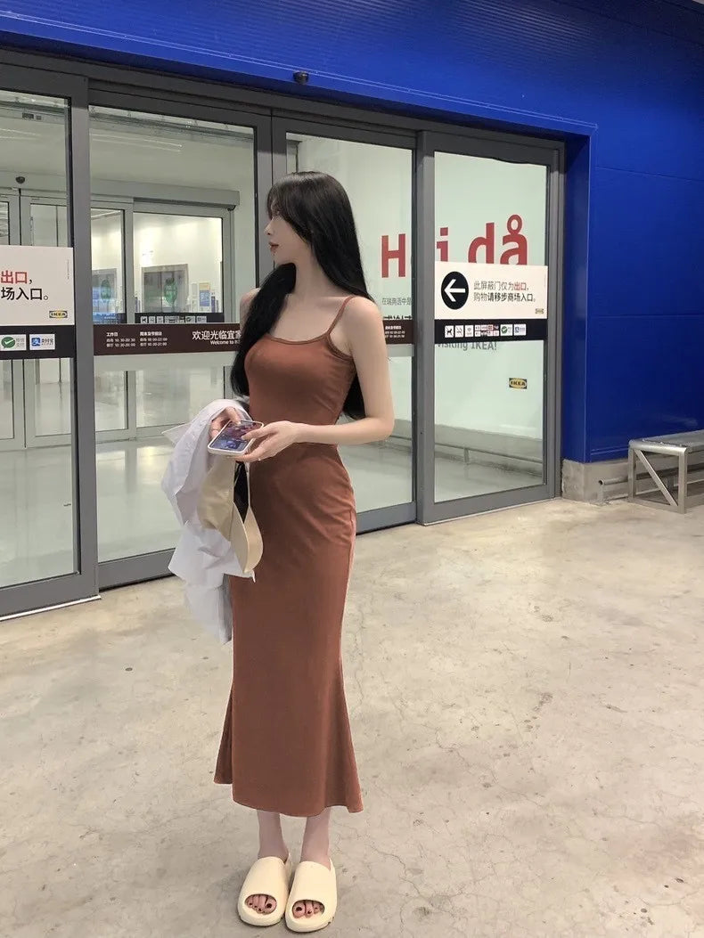 Kardashian Sexy Chest-enhancing Peach Butt Bodycon Dress Slim Fish Tail Maxi Skirt Hugging Strap Long Gown Poly Fiber Midi Dress