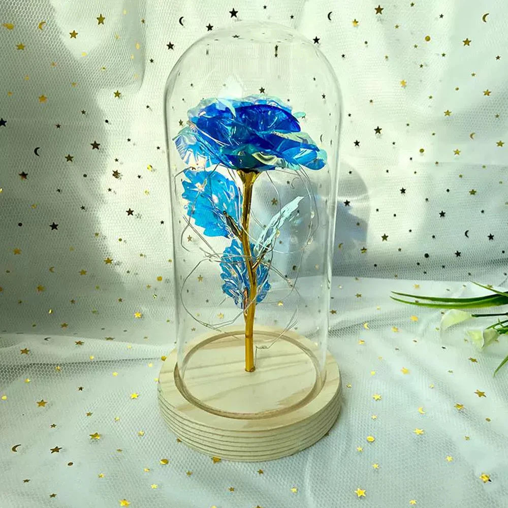 Eternal Rose Artificial flower Glass Cover Decoration LED Light Foil Flower In Glass Cover Wedding Valentine's Day Mother's Gift
