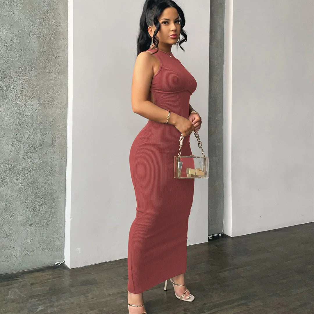 Hugcitar Ribbed Solid Hollow Out Backless Sleeveless Sexy Slit Mini Dress Bodycon 2025 Spring Women Outfits Elegant Party Y2K