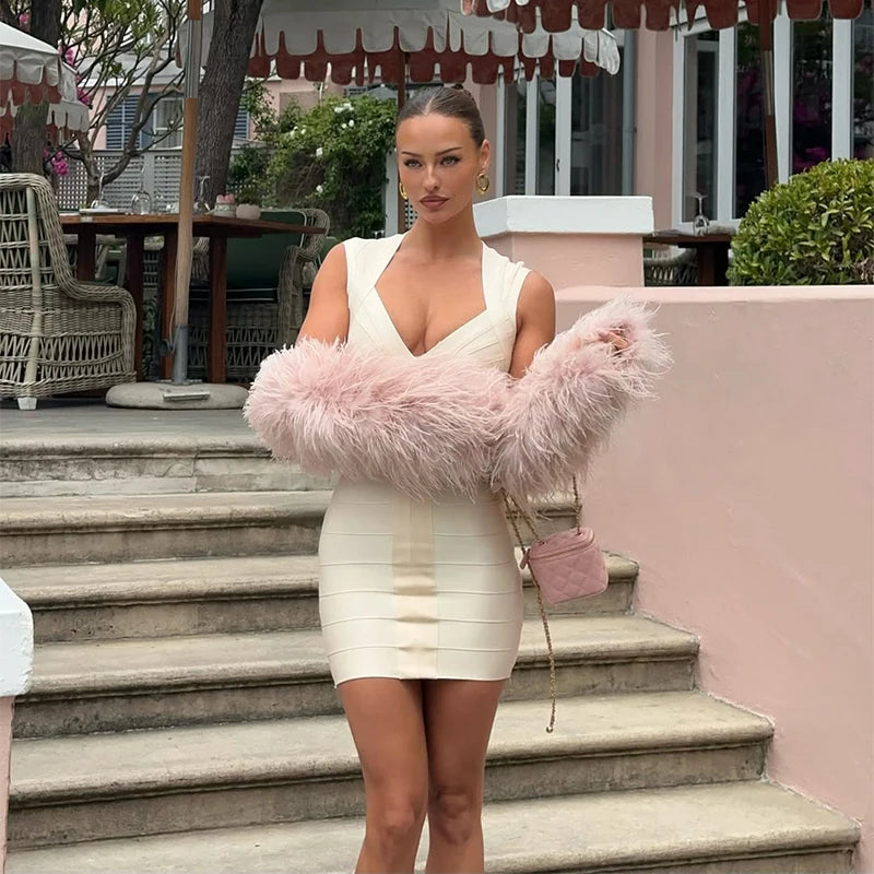 Sexy Solid Color Deep V-neck Hip Hugging Dress Summer Women Sleeveless Waist Cinched Mini Dresses Lady Daily Party  Short Gown