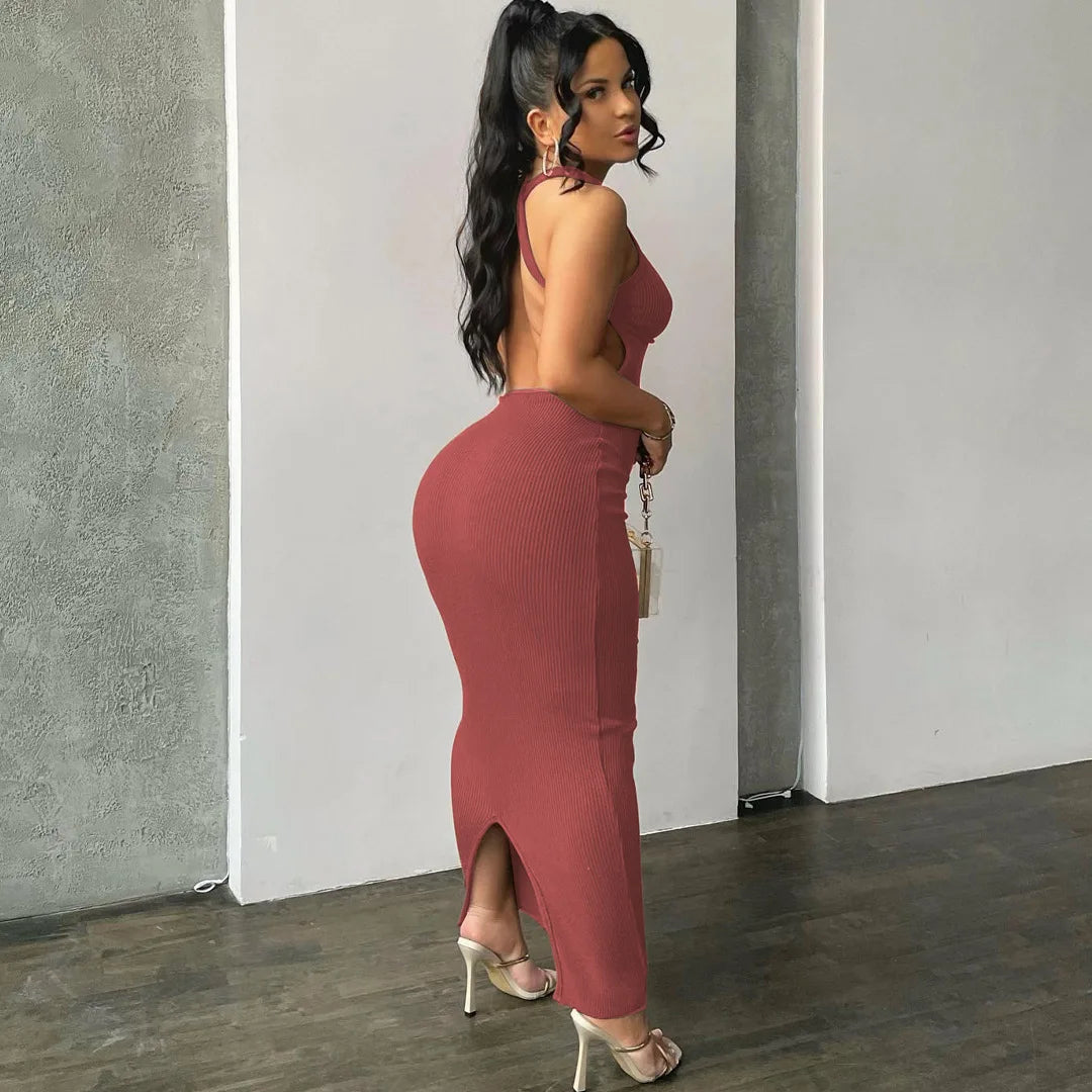 Hugcitar Ribbed Solid Hollow Out Backless Sleeveless Sexy Slit Mini Dress Bodycon 2025 Spring Women Outfits Elegant Party Y2K
