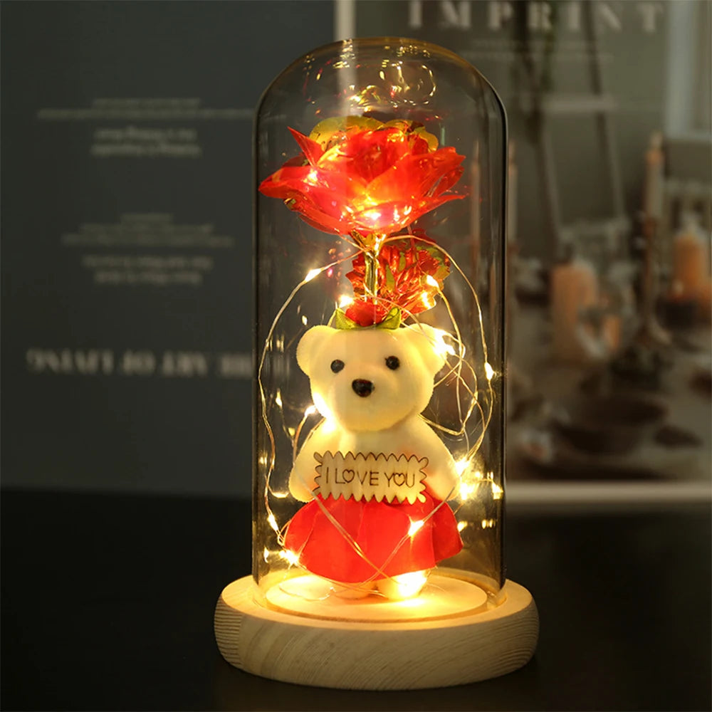 Eternal Rose Artificial flower Glass Cover Decoration LED Light Foil Flower In Glass Cover Wedding Valentine's Day Mother's Gift
