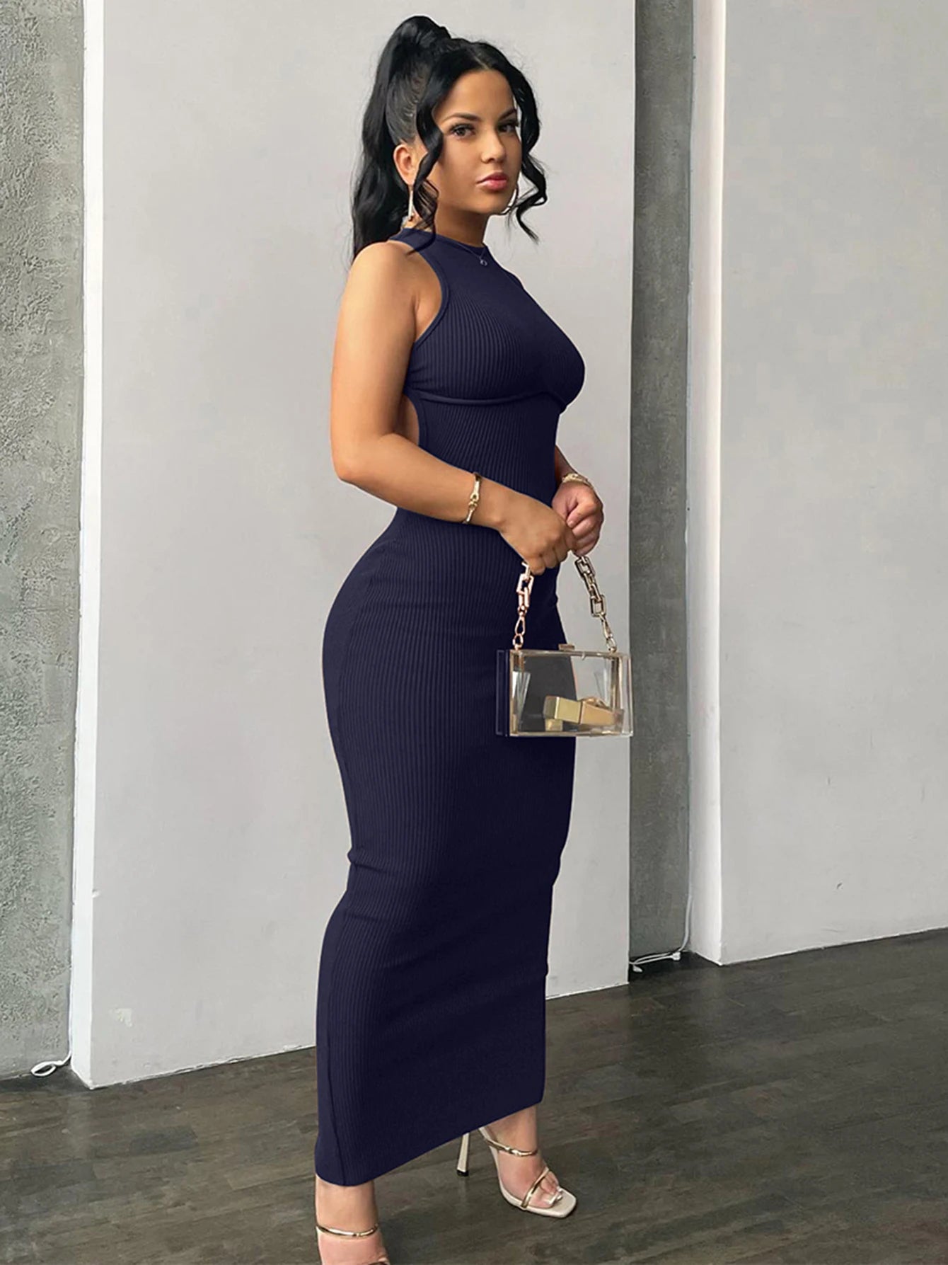 Hugcitar Ribbed Solid Hollow Out Backless Sleeveless Sexy Slit Mini Dress Bodycon 2025 Spring Women Outfits Elegant Party Y2K