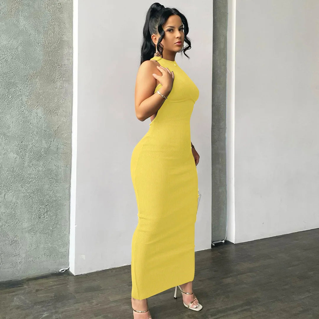 Hugcitar Ribbed Solid Hollow Out Backless Sleeveless Sexy Slit Mini Dress Bodycon 2025 Spring Women Outfits Elegant Party Y2K