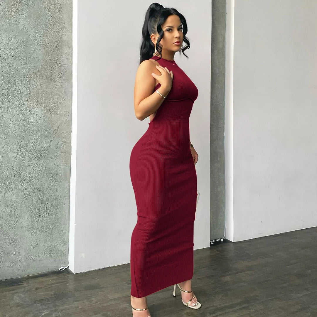 Hugcitar Ribbed Solid Hollow Out Backless Sleeveless Sexy Slit Mini Dress Bodycon 2025 Spring Women Outfits Elegant Party Y2K