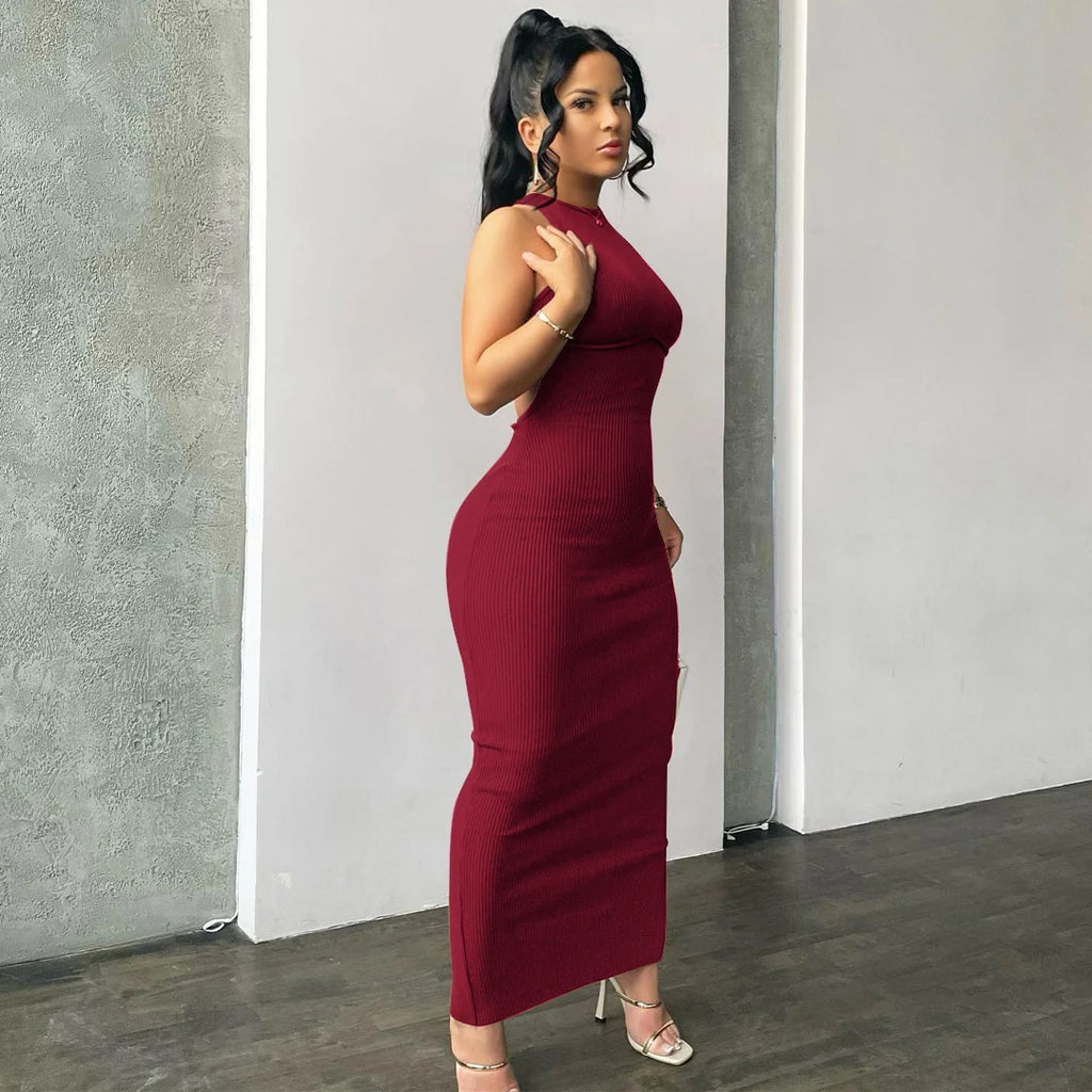 Hugcitar Ribbed Solid Hollow Out Backless Sleeveless Sexy Slit Mini Dress Bodycon 2025 Spring Women Outfits Elegant Party Y2K