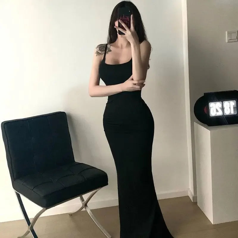 Kardashian Sexy Chest-enhancing Peach Butt Bodycon Dress Slim Fish Tail Maxi Skirt Hugging Strap Long Gown Poly Fiber Midi Dress