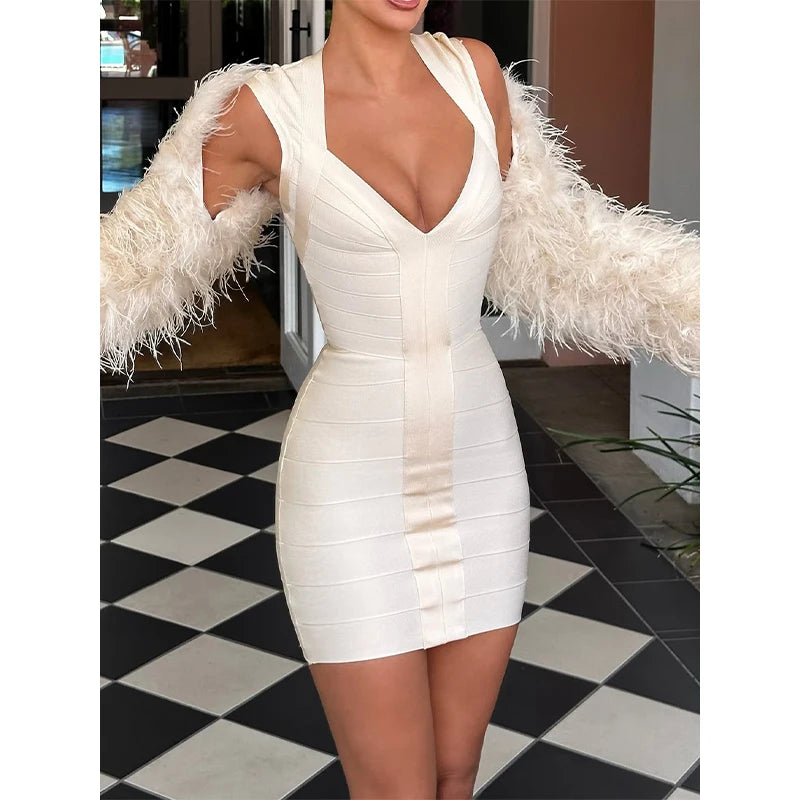 Sexy Solid Color Deep V-neck Hip Hugging Dress Summer Women Sleeveless Waist Cinched Mini Dresses Lady Daily Party  Short Gown