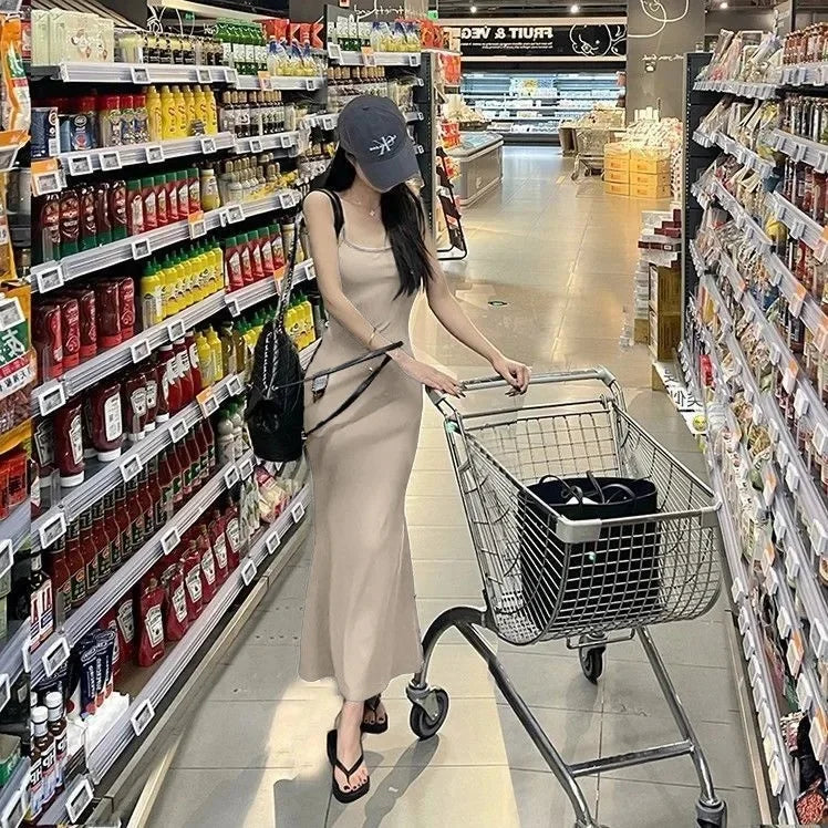 Kardashian Sexy Chest-enhancing Peach Butt Bodycon Dress Slim Fish Tail Maxi Skirt Hugging Strap Long Gown Poly Fiber Midi Dress