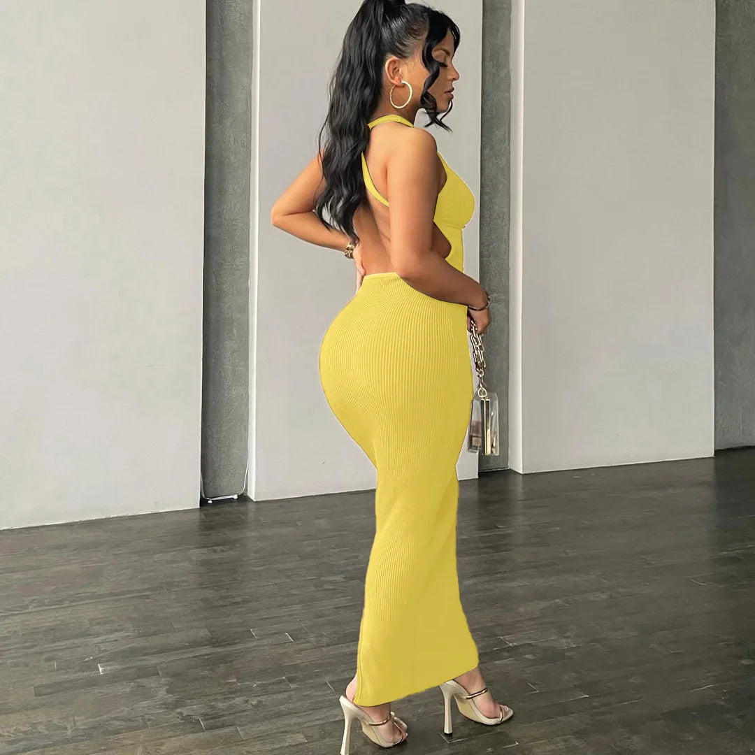 Hugcitar Ribbed Solid Hollow Out Backless Sleeveless Sexy Slit Mini Dress Bodycon 2025 Spring Women Outfits Elegant Party Y2K