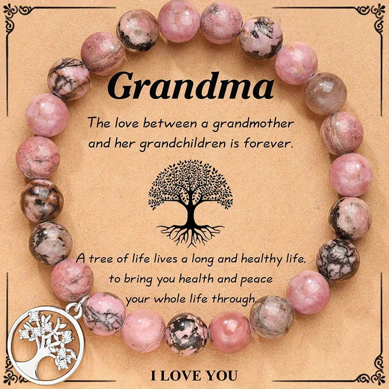 Natural Stone Bracelets for Nana Grandma Mothers'Day Birthday Valentine's Day Gifts for Mom Warm Message Card Tree of life Gift