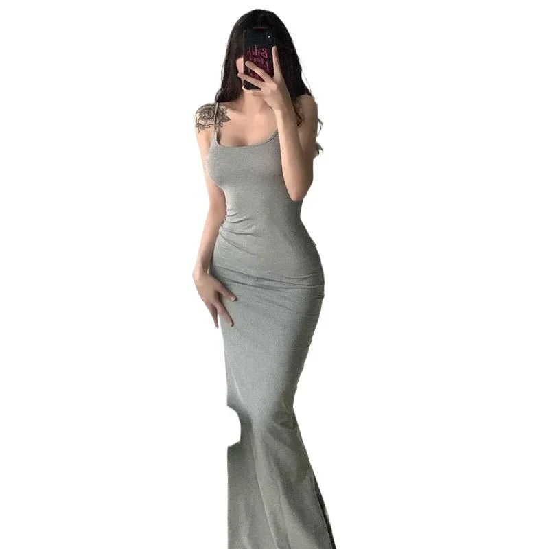 Kardashian Sexy Chest-enhancing Peach Butt Bodycon Dress Slim Fish Tail Maxi Skirt Hugging Strap Long Gown Poly Fiber Midi Dress