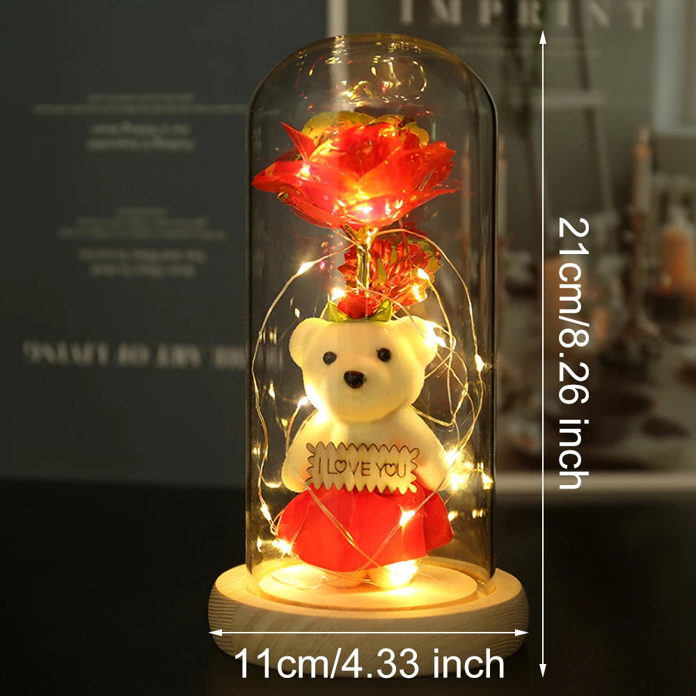 Eternal Rose Artificial flower Glass Cover Decoration LED Light Foil Flower In Glass Cover Wedding Valentine's Day Mother's Gift