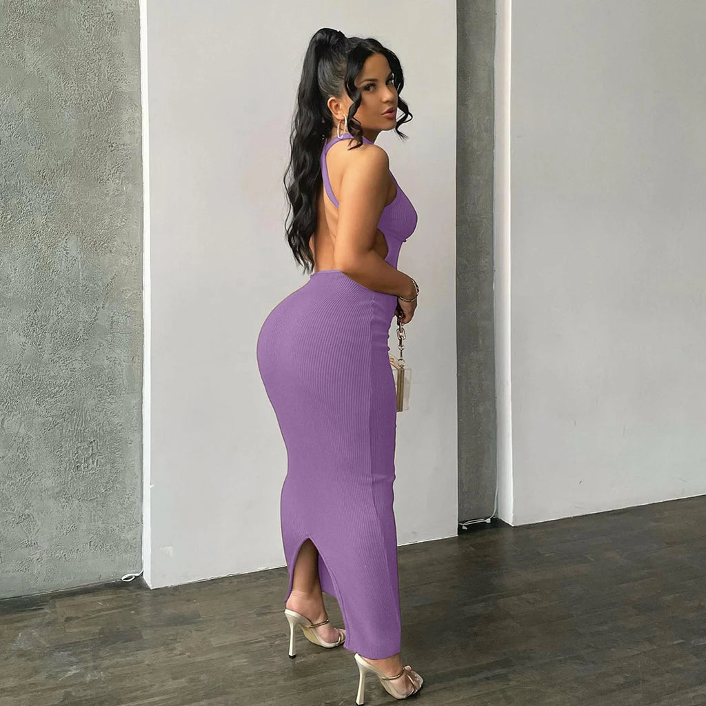 Hugcitar Ribbed Solid Hollow Out Backless Sleeveless Sexy Slit Mini Dress Bodycon 2025 Spring Women Outfits Elegant Party Y2K