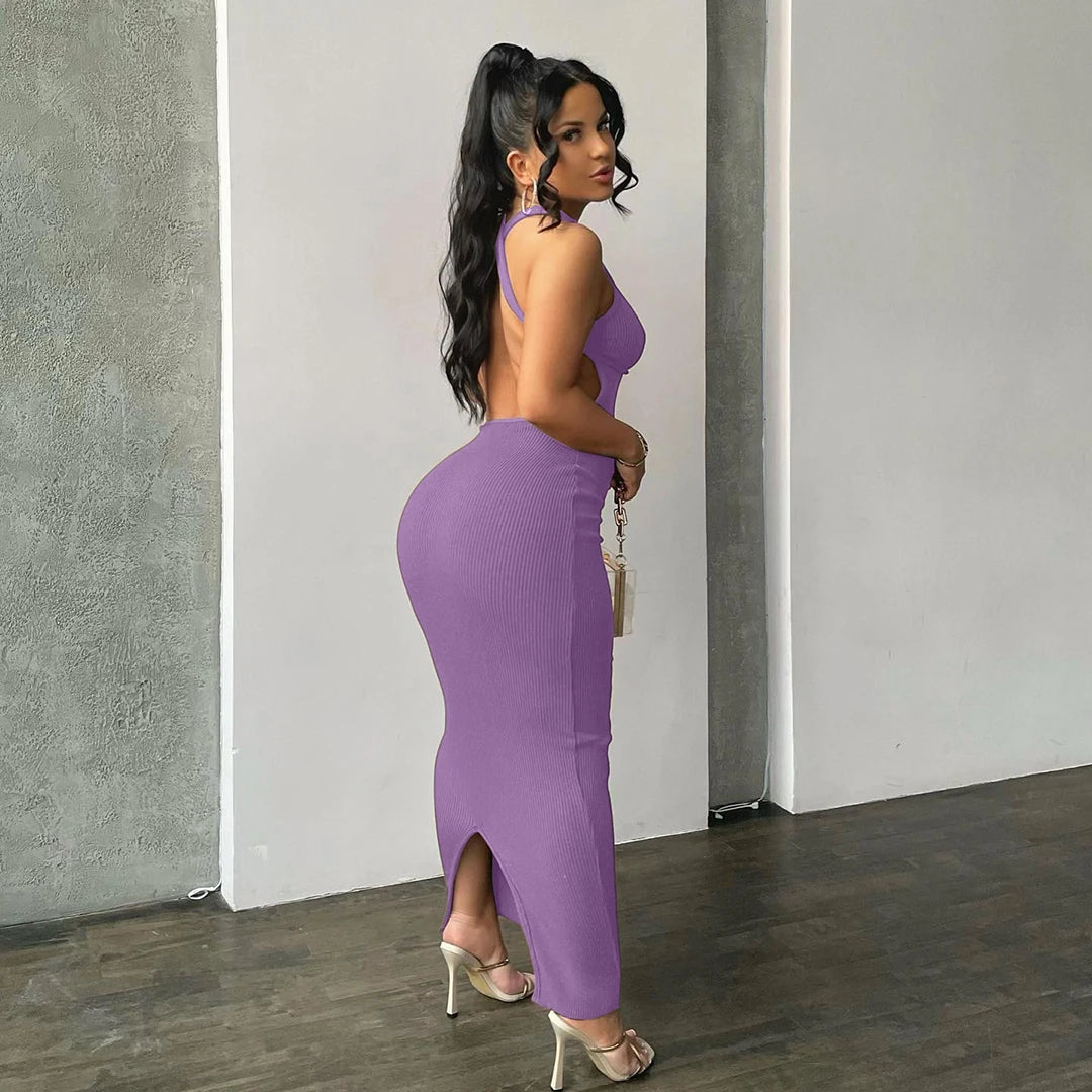 Hugcitar Ribbed Solid Hollow Out Backless Sleeveless Sexy Slit Mini Dress Bodycon 2025 Spring Women Outfits Elegant Party Y2K